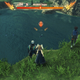 Characters look out over a cliff at a Unique enemy swimming in a lake.